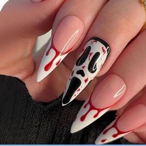 Folmywy Long Halloween Almond Fake Nails with Ghost Face Design Blood Drops (24)